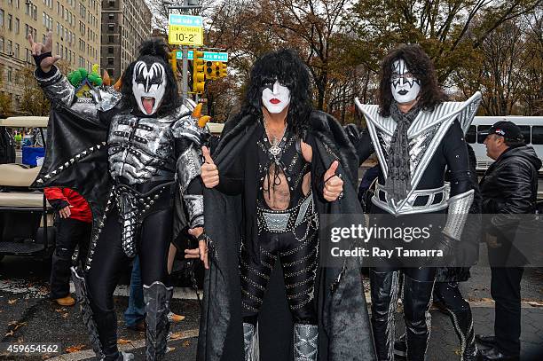 Musicians Gene Simmons, Paul Stanley, and Tommy Thayer, of KISS, attend the 88th Annual Macys Thanksgiving Day Parade on November 27, 2014 in New...