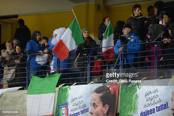 Italy fans show their support during the FIFA Women's World Cup Qualifier match between Italy and Netherlands at Stadio Marc'Antonio Bentegodi on...