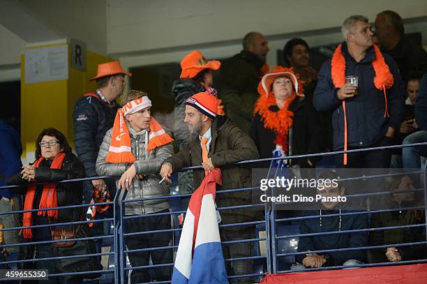 Netherlands fans shows tjeir support during the FIFA Women's World Cup Qualifier match between Italy and Netherlands at Stadio Marc'Antonio Bentegodi...