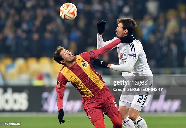 Danilo Silva of FC Dynamo Kiev and Diego Lopes of Ria Ave FC figth for the ball on November 27, 2014 during the UEFA Europa League group J football...