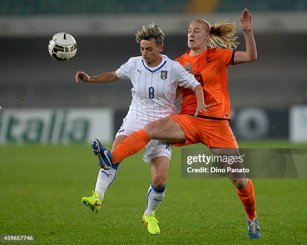 Melania Gabbiadini of Italy compertes with Stefanie van der Gragt during the FIFA Women's World Cup Qualifier match between Italy and Netherlands at...