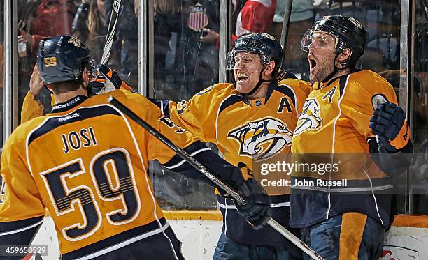 Mike Fisher and Patric Hornqvist of the Nashville Predators celebrate a goal against the Los Angeles Kings at Bridgestone Arena on December 28, 2013...