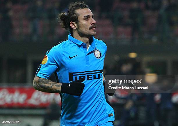 Pablo Daniel Osvaldo of FC Internazionale Milano celebrates his goal during the UEFA Europa League Group F match between FC Internazionale Milano and...