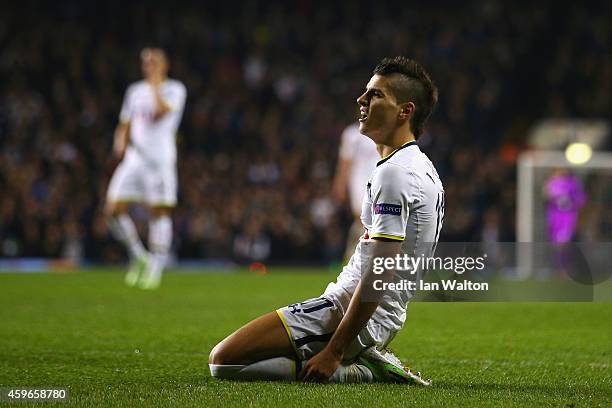 Erik Lamela of Spurs reacts during the UEFA Europa League group C match between Tottenham Hotspur FC and FK Partizan at White Hart Lane on November...