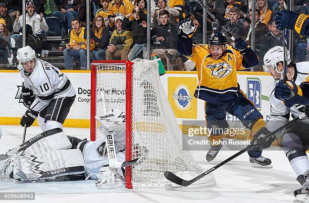 Mike Fisher of the Nashville Predators reacts to his game-winning goal against Ben Scrivens of the Los Angeles Kings at Bridgestone Arena on December...