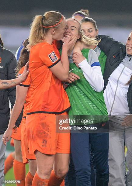 Netherlands players celebrates victory and Qualifier after the FIFA Women's World Cup Qualifier match between Italy and Netherlands at Stadio...