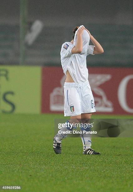 Daniela Stracchi of Italy shows her dejection after the FIFA Women's World Cup Qualifier match between Italy and Netherlands at Stadio Marc'Antonio...