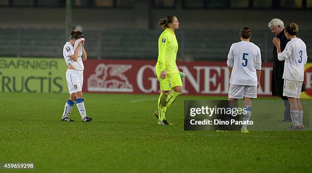 Italy players show their dejection after the FIFA Women's World Cup Qualifier match between Italy and Netherlands at Stadio Marc'Antonio Bentegodi on...