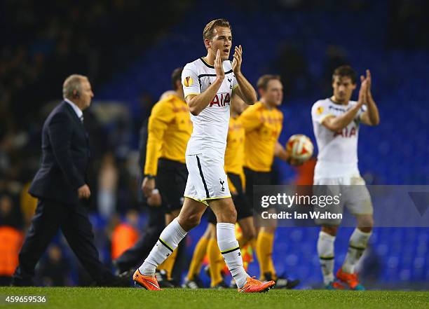 Harry Kane of Spurs applauds the fans during the UEFA Europa League group C match between Tottenham Hotspur FC and FK Partizan at White Hart Lane on...