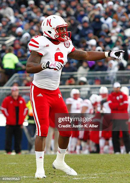 Corey Cooper of the Nebraska Cornhuskers plays against the Penn State Nittany Lions during the game on November 23, 2013 at Beaver Stadium in State...