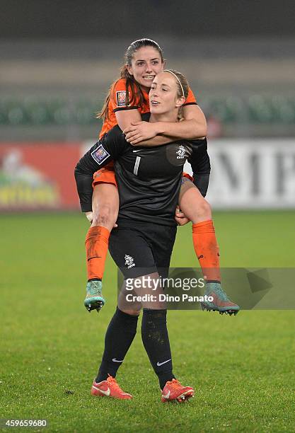 Netherlands players celebrates victory and Qualifier after the FIFA Women's World Cup Qualifier match between Italy and Netherlands at Stadio...