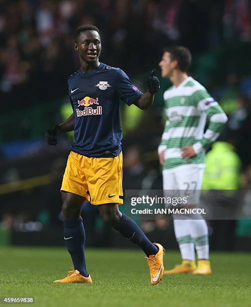 Salzburg's Guinean midfielder Naby Keita celebrates scoring their third goal during the UEFA Europa League group D football match between Celtic and...