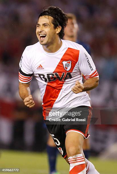 Leonardo Pisculichi of River Plate celebrates after scoring the first goal of his team during a second leg semifinal match between River Plate and...