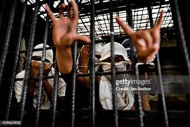 Mara Salvatrucha gang members show finger signs representing their gang while being detained at a detention center on February 20, 2014 in San...