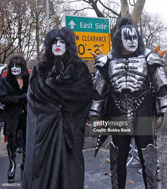 Musicians Gene Simmons, Paul Stanley and Eric Singer of KISS attends the 88th Annual Macys Thanksgiving Day Parade at on November 27, 2014 in New...