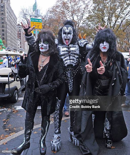 Musicians Gene Simmons, Paul Stanley and Eric Singer of KISS attends the 88th Annual Macys Thanksgiving Day Parade at on November 27, 2014 in New...