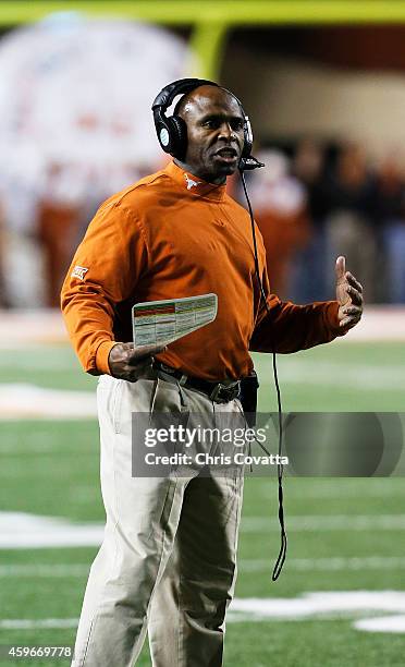 Head coach Charlie Strong of the Texas Longhorns reacts to call against the TCU Horned Frogs at the Darrell K Royal -Texas Memorial Stadium on...