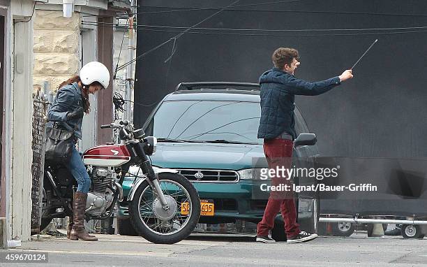 Andrew Garfield and Shailene Woodley are seen on the movie set of The Amazing Spider-Man 2 on February 26, 2013 in New York City.