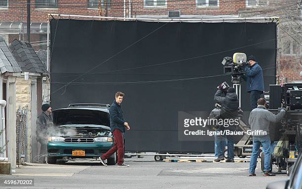 Andrew Garfield is seen on the movie set of The Amazing Spider-Man 2 on February 26, 2013 in New York City.