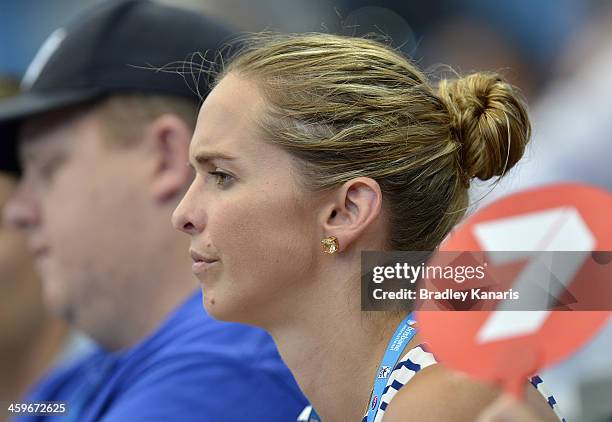 Former Olympic swimming champion Libby Trickett watches on in the match between Sabine Lisicki of Germany and Magdalena Rybarikova of Sovlakia during...