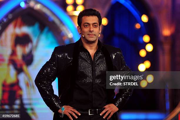 Indian Bollywood actor Salman Khan looks on while hosting the final of the reality show 'Bigg Boss 7 in Mumbai on late December 28, 2013. AFP...