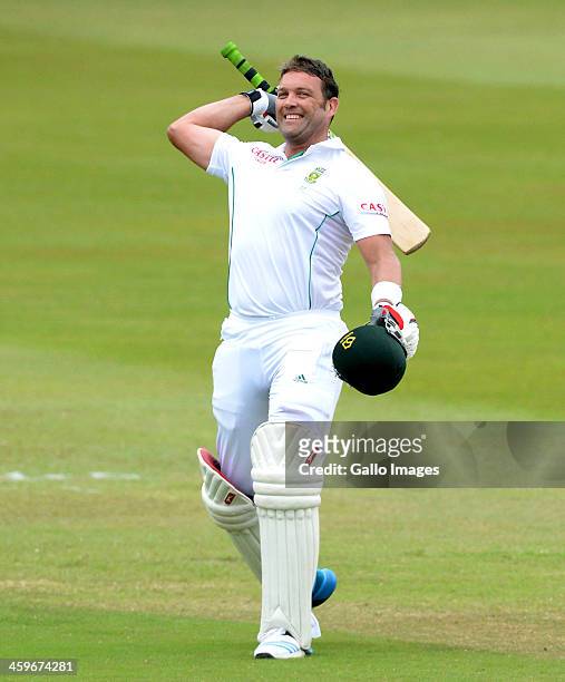 Jacques Kallis of South Africa celebrates his 45th century in his final test match during day 4 of the 2nd Test match between South Africa and India...