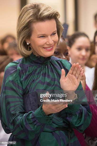 Queen Mathilde of Belgium visits the Medical Center for Assistance to the Victims Excision at CHU Saint Pierre on November 28, 2014 in Brussel,...