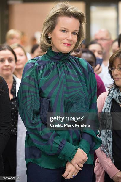 Queen Mathilde of Belgium visits the Medical Center for Assistance to the Victims Excision at CHU Saint Pierre on November 28, 2014 in Brussel,...