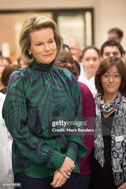 Queen Mathilde of Belgium visits the Medical Center for Assistance to the Victims Excision at CHU Saint Pierre on November 28, 2014 in Brussel,...