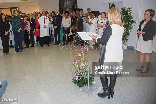 Queen Mathilde of Belgium visits the Medical Center for Assistance to the Victims Excision at CHU Saint Pierre on November 28, 2014 in Brussel,...