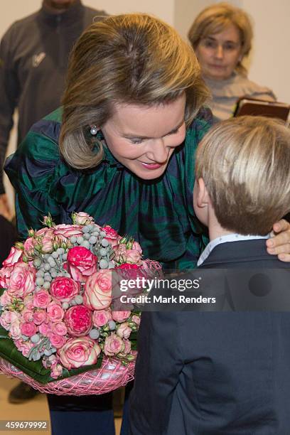 Queen Mathilde of Belgium visits the Medical Center for Assistance to the Victims Excision at CHU Saint Pierre on November 28, 2014 in Brussel,...