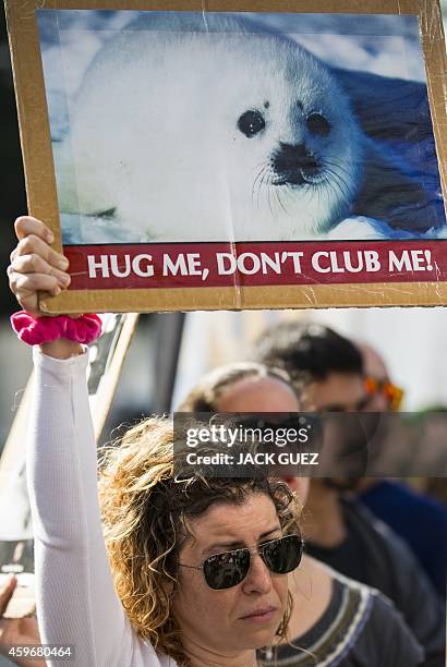 An Israeli anti-fur activist holds a banner as she demonstrates during the Worldwide Fur Free Friday initiated by the international Anti-Fur...