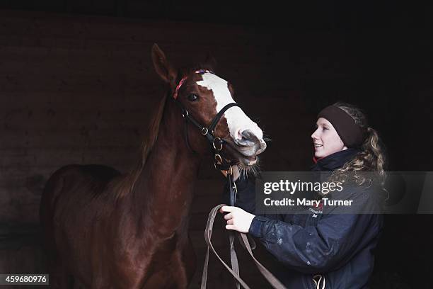 Lot Number 1059, a 7 month old chestnut colt, is attended to by his stud hand Jess McCoy at Tattersalls Auctioneers, where he is one of four foals by...