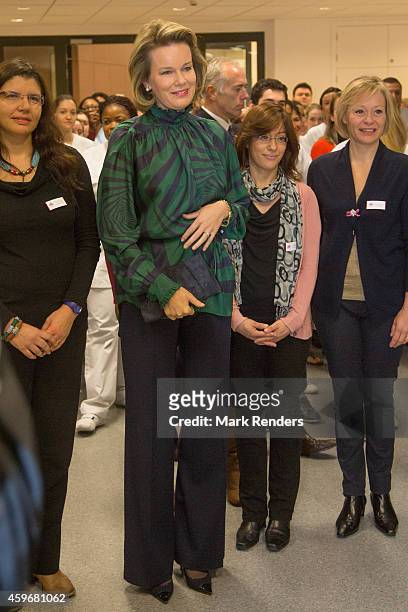 Queen Mathilde of Belgium visits the Medical Center for Assistance to the Victims Excision at CHU Saint Pierre on November 28, 2014 in Brussel,...
