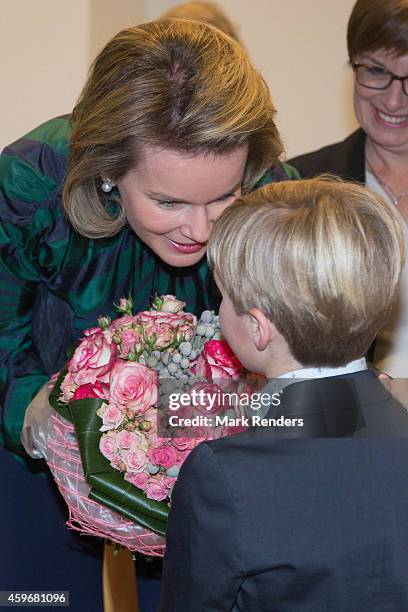 Queen Mathilde of Belgium visits the Medical Center for Assistance to the Victims Excision at CHU Saint Pierre on November 28, 2014 in Brussel,...