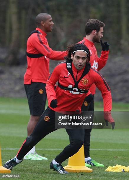 Radamel Falcao of Manchester United in action during a first team training session at Aon Training Complex on November 28, 2014 in Manchester,...