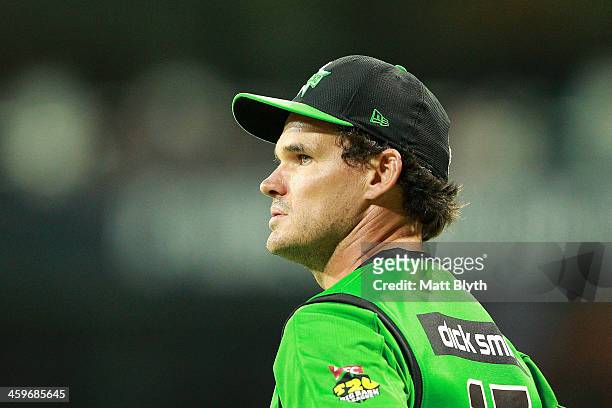 Clint McKay of the Stars looks on during the Big Bash League match between the Sydney Sixers and the Melbourne Stars at the SCG on December 29, 2013...