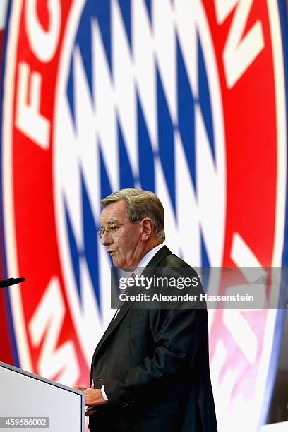 Karl Hopfner, President of FC Bayern Muenchen speaks during the FC Bayern Muenchen annual general meeting at Audi Dome on November 28, 2014 in...