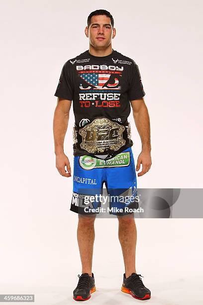 Middleweight Champion Chris Weidman poses for a post-fight portrait after defeating Anderson Silva by TKO after their middleweight championship bout...