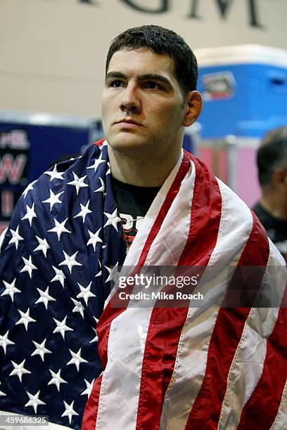 Middleweight Champion Chris Weidman looks on prior to his middleweight championship bout against Anderson Silva during the UFC 168 event at the MGM...