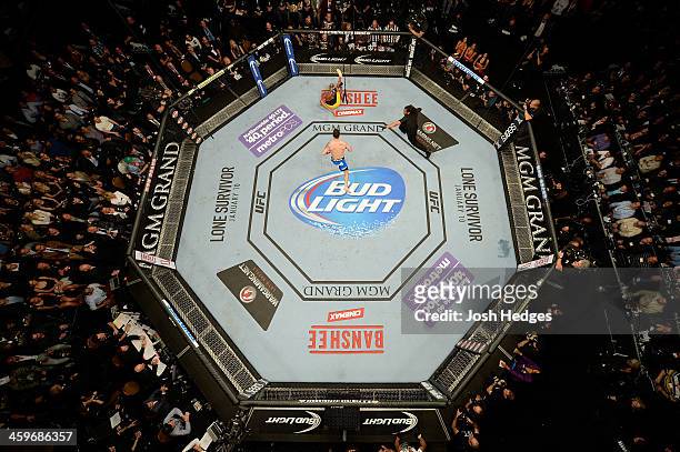 Referee Herb Dean calls a stop to the fight after Chris Weidman defeats Anderson Silva by TKO in their Middleweight Championship bout during the UFC...