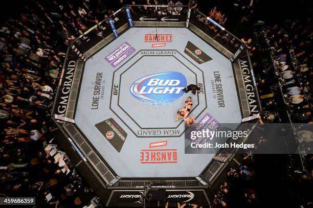 Ronda Rousey attempts to submit Miesha Tate in their UFC women's bantamweight championship bout during the UFC 168 event at the MGM Grand Garden...