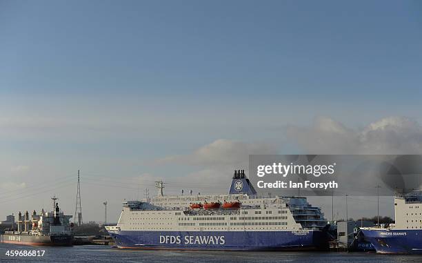 The DFDS King Seaways ferry is moored alongside at the Port of Tyne following a fire on board the ship on December 29, 2013 in North Shields,...