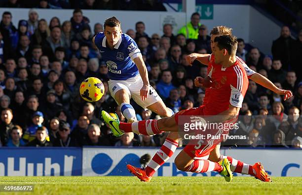 Seamus Coleman of Everton scores the opening goal during the Barclays Premier League match between Everton and Southampton at Goodison Park on...