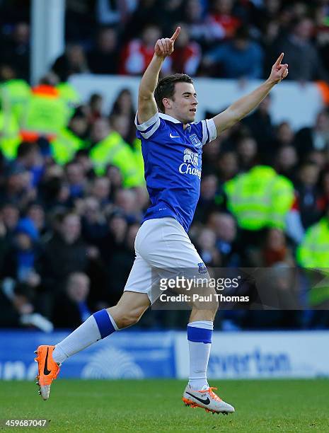 Seamus Coleman of Everton celebrates scoring the opening goal during the Barclays Premier League match between Everton and Southampton at Goodison...