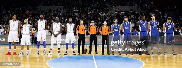 Teams pay respect to murdered Crvena Zvezda supporter 25-year-old Marko Ivkovic prior to the 2014-2015 Turkish Airlines in action during the...