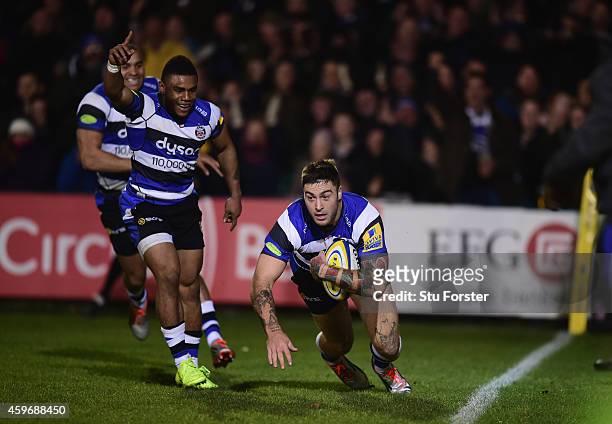 Bath player Matt Banahan dives over to score the first try during the Aviva Premiership match between Bath Rugby and Harlequins at Recreation Ground...
