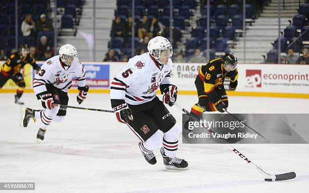 Blake Siebenhaler of the Niagara IceDogs skates during an OHL game between the Belleville Bulls and the Niagara IceDogs at the Meridian Centre on...