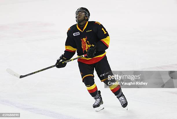 Jordan Subban of the Belleville Bulls skates during an OHL game between the Belleville Bulls and the Niagara IceDogs at the Meridian Centre on...