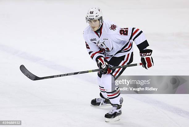 Ryan Mantha of the Niagara IceDogs skates during an OHL game between the Belleville Bulls and the Niagara IceDogs at the Meridian Centre on November...